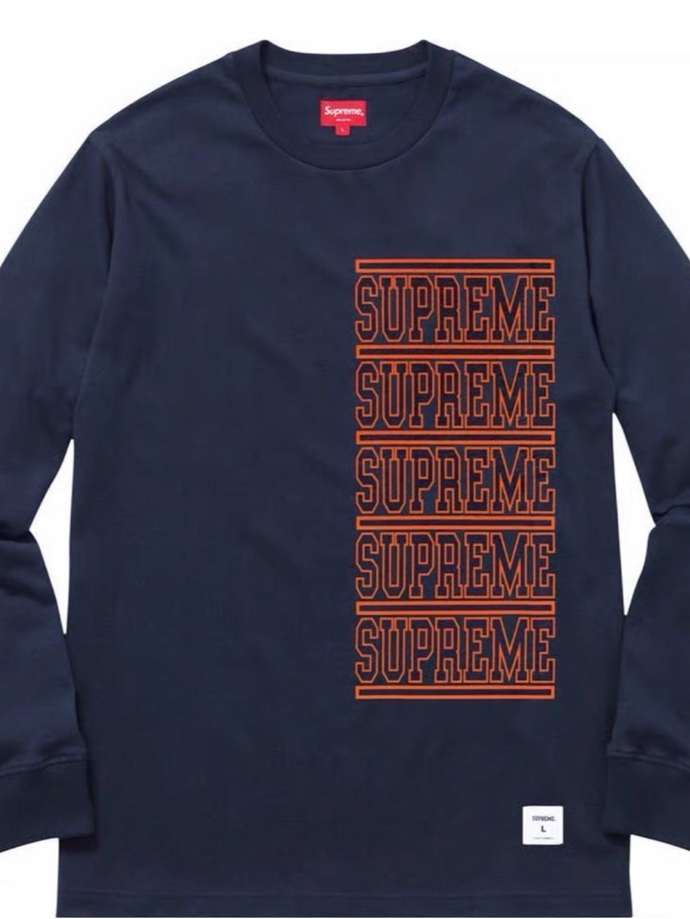 Supreme Navy Blue Long Sleeve Tee with Orange Stacked Logo